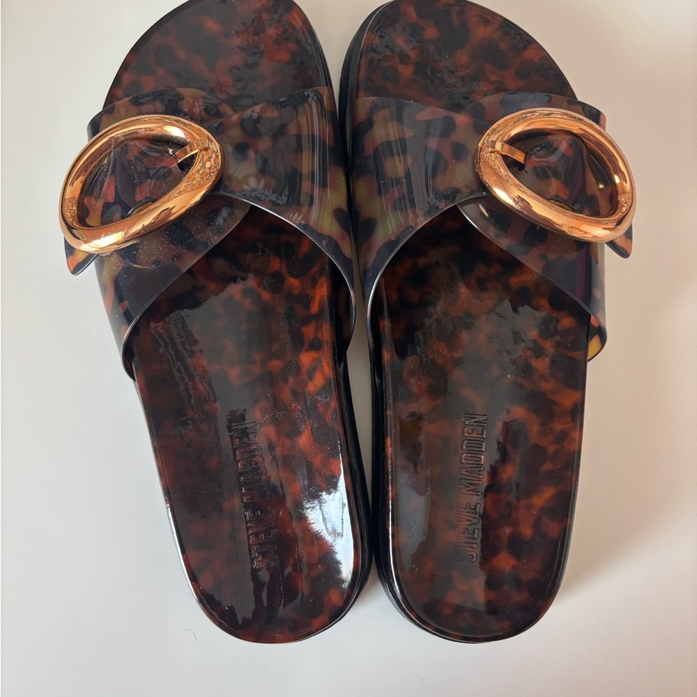 Steve Madden Tortoiseshell Slide Sandals with Gold Buckle